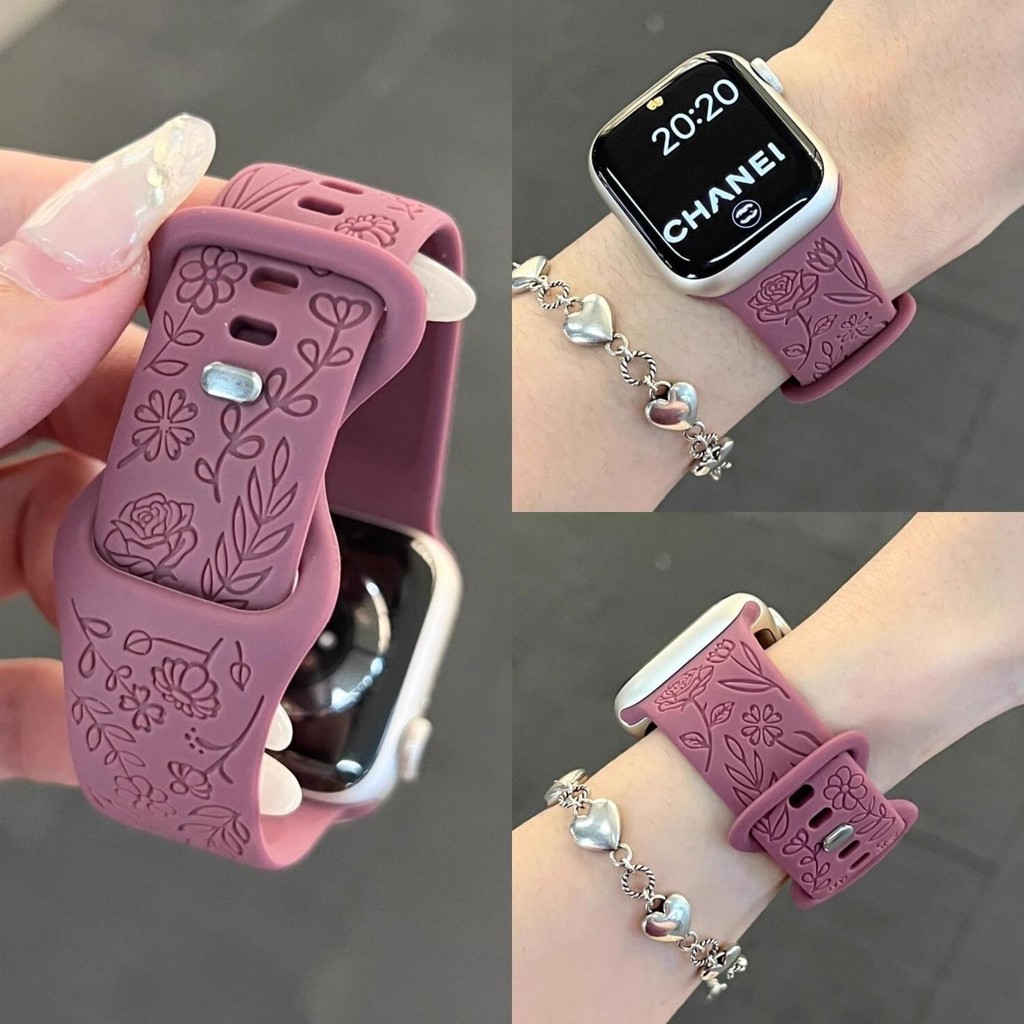 夏天透气手工具 ซิลิโคน玫瑰纹表带适用.iwatch9女款applewatch表带7代seSummer สายรัดซิลิโคนกุหลาบระบายอากาศที่ใช้งานได้ ฉัน