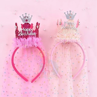 ที่คาดผมมงกุฎเจ้าหญิง Happy Birthday สไตล์เกาหลี กลิตเตอร์วิ้ง พร้อมผ้าคลุม สำหรับเด็กผู้หญิง (GP)