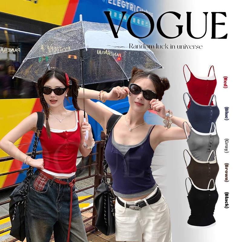 Vogue🌟พร้อมส่ง🌟 เสื้อสายเดี่ยวแต่งสองชั้น มีเสริมฟองน้ำในตัว ใส่เที่ยวได้สบาย (FY10125)