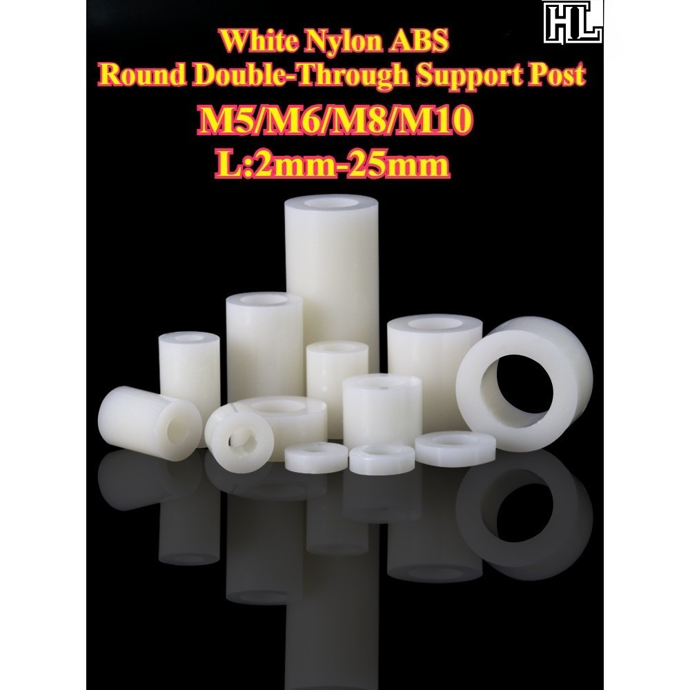 [HL-YZ] ไนลอนสีขาว, ABS Round Double-Through Support Post, M5/M6/M8/M10, ตัวเว้นวรรคกลมหุ้มฉนวนพลาสต