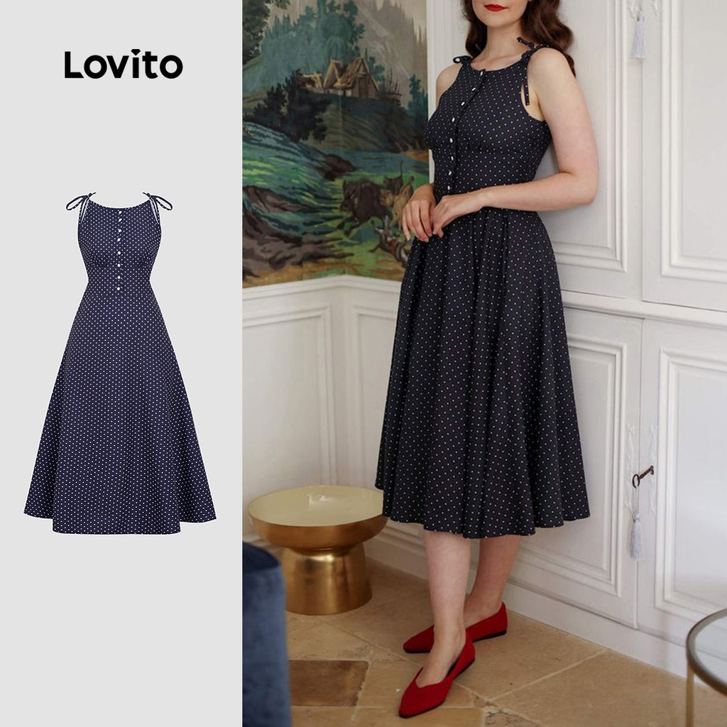 (NEW) Lovito ชุดเดรสงามมีปุ่มด้านหน้า ผูกสายด้านหน้า ฤดูใบไม้ผลิ/ฤดูร้อน ชุดสีน้ำเงินปรัสเซีย L155ED