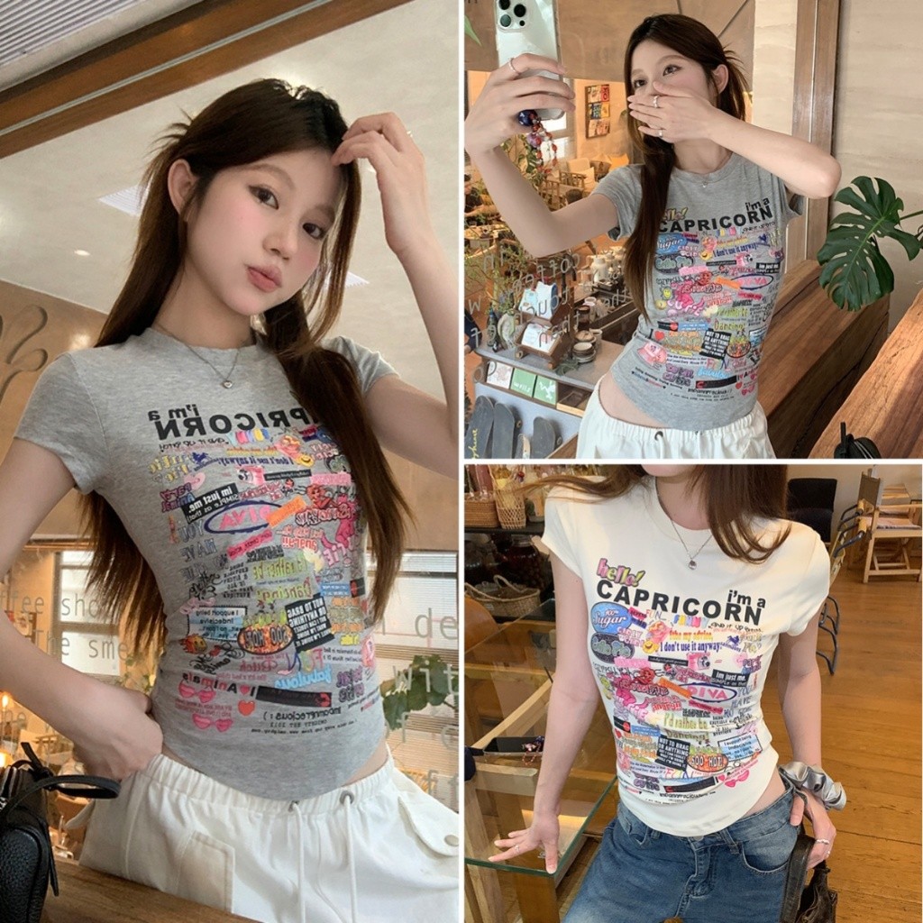 Hotgirl พร้อมส่ง เสื้อยืดสวยๆผู้หญิง เสื้อยืดรัดรูปY2K ดีไซน์แขนสั้นพิมพ์ลายกราฟิตี้สไตล์อเมริกัน คอกลมสวมสบาย