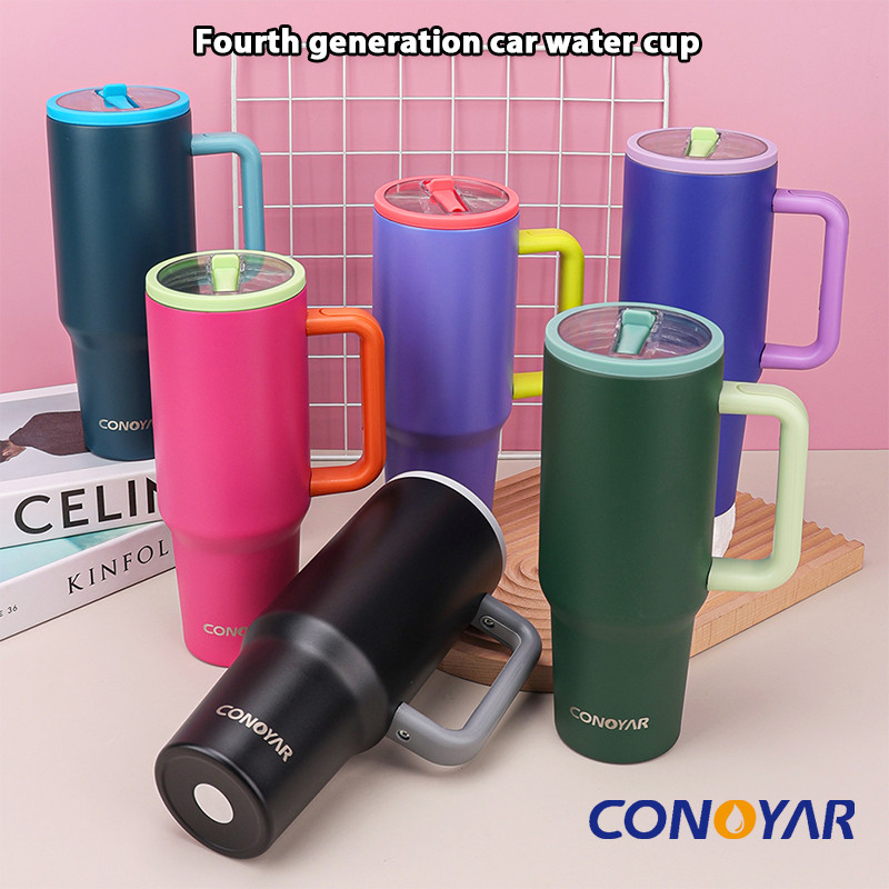 CONOYAR ฉนวนสแตนเลสกระติกน้ําร้อนถ้วยแก้ว 1.2 ลิตร พร้อมฝาปิดทนการรั่วไหลฟางพกพา เก็บเย็น-ร้อนได้นาน T01304