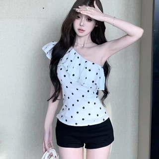 BIMI ปกบัว ไหล่เอียง เสื้อผู้หญิง ลายจุด สำหรับผู้หญิง เปิดไหล่ แขนกุด สำหรับฤดูร้อน ด้านบน Women Clothing