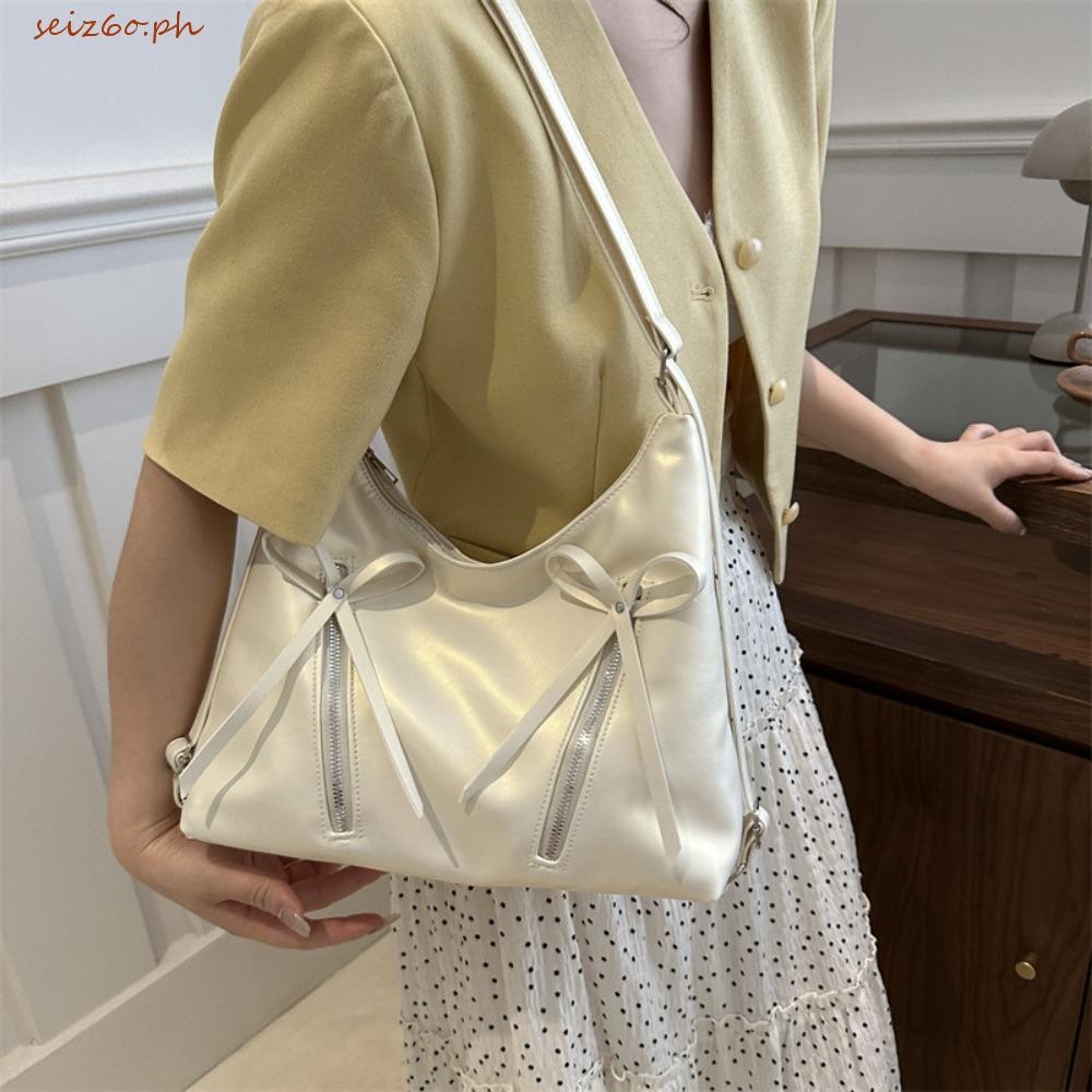 SEIZ6O กระเป๋าสะพาย Bowknot, Silver Korean New Style Bow Tote Bag, Sweet Large Capacity Y2K Ins Bow 