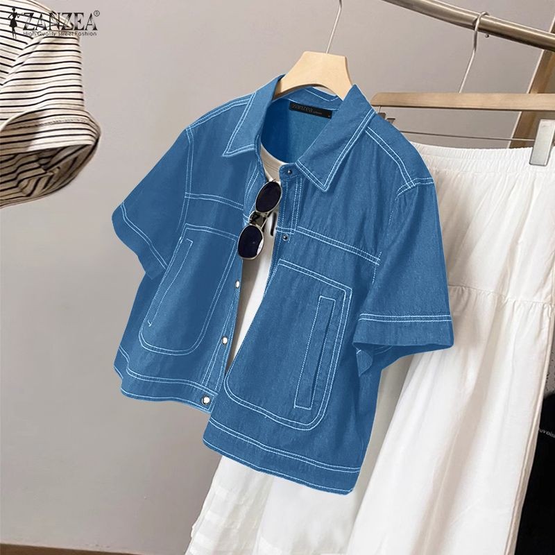 ZANZEA เสื้อเชิ้ตแขนสั้นสไตล์เกาหลี สำหรับผู้หญิง แต่งกายดูมีสไตล์ในทุกโอกาส ราคา ถูกที่สุด ดีลบีเคเค แกลเลอรีภาพที่ 6