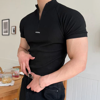 เป่าหลงซิน ใหม่ผู้ชายครึ่งซิปแขนสั้นเสื้อยืดกีฬายืดหยุ่นสูงแห้งเร็ววิ่งออกกําลังกายสวมใส่สลิมฟิต
