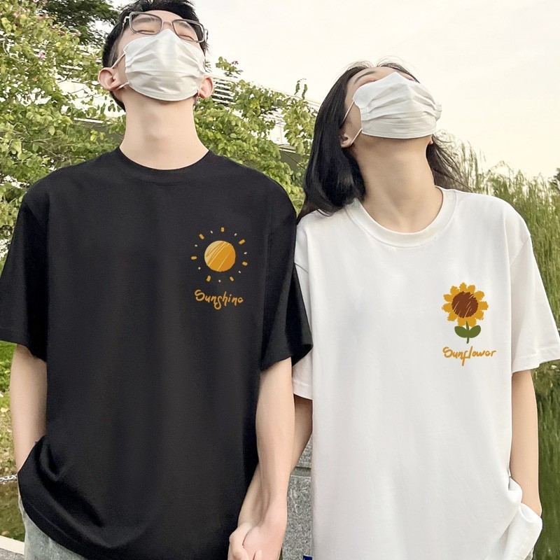 เสื้อยืด เสื้อคู่รักชายหญิงเกาหลี oversize สกรีนลายน่ารัก สวมใส่สบาย สกรีนลายดอกทานตะวัน กับ พระอาทิตย์ - รูปที่ 2