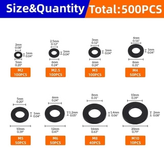 จัดส่งจากประเทศไทยSOOF 500 ชิ้น Plane Spacer, 8 ขนาด M2-M10 เครื่องซักผ้าไนลอน, ซีล O แหวน Assortment Kit สีดําสีขาวแบนปะเก็นฉนวนแหวน