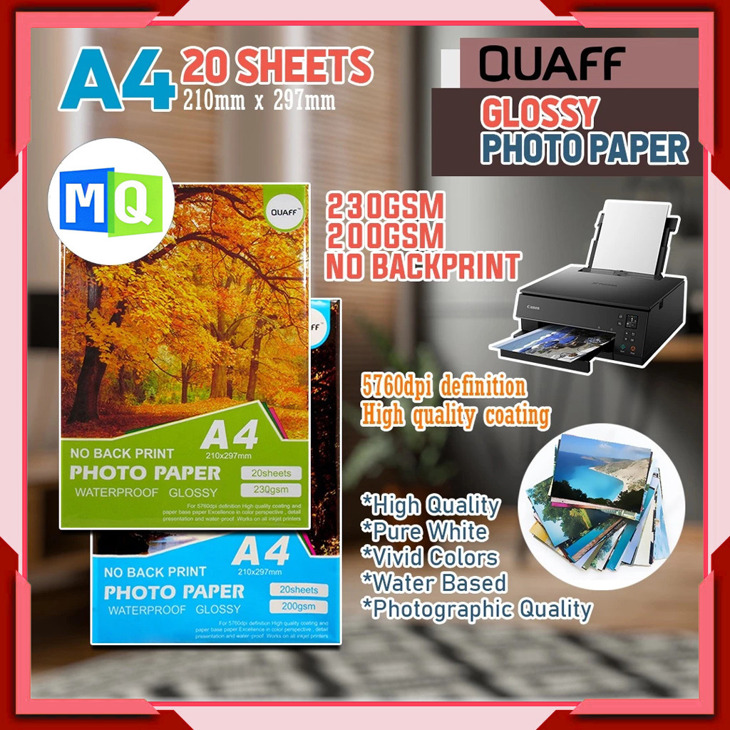 QUAFF A4 กระดาษภาพถ่ายกันน้ําเคลือบเงาไม่มีพิมพ์หลัง ( 115GSM & 200GSM & 230GSM & 250GSM )