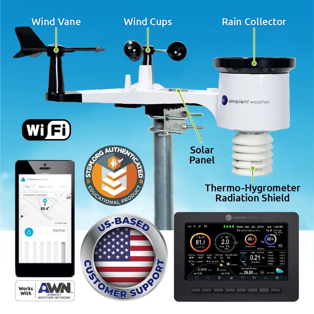 รูปลักษณ์ที่หรูหรา Ambient Weather WS-2000 สถานีอากาศอัจฉริยะพร้อมการตรวจสอบระยะไกล WiFi และการแจ้งเ