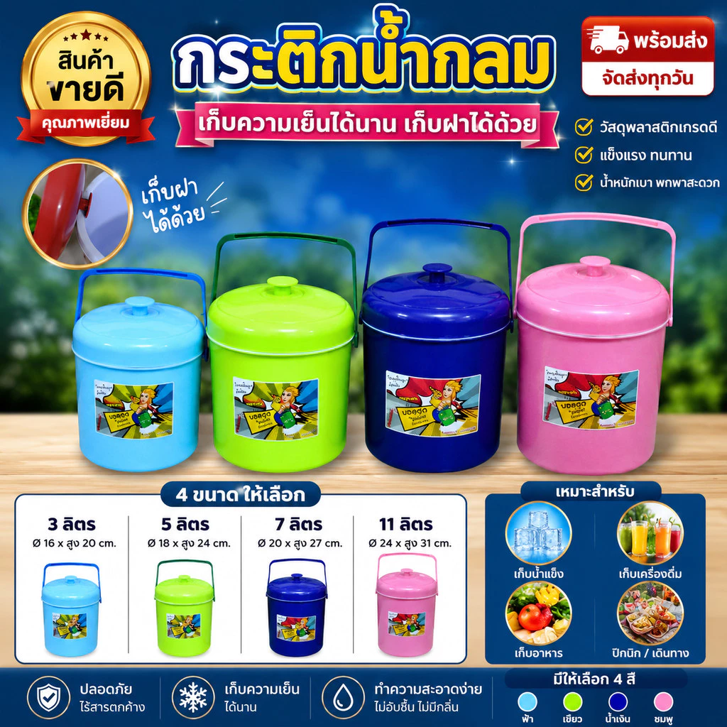 🧊 กระติกน้ำแข็ง เก็บความเย็น 3-27 ลิตร มีฝาปิดพร้อมหูหิ้ว ใส่น้ำแข็ง น้ำดื่ม เครื่องดื่ม พร้อมส่ง