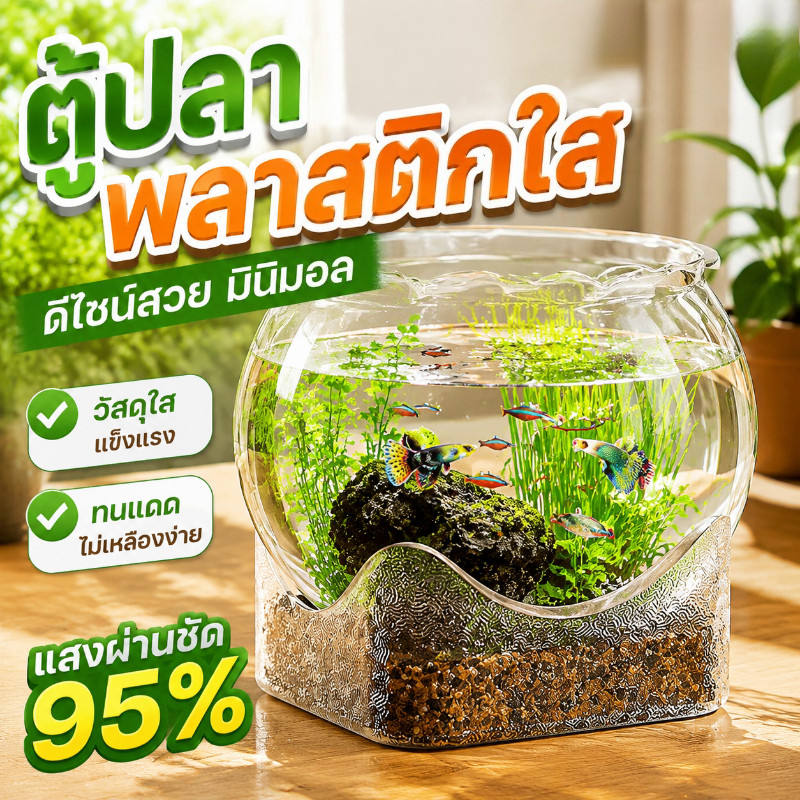 ตู้ปลาพลาสติก PET ใสเหมือนแก้ว ไม่แตกง่าย ดีไซน์ภูเขาสวยงาม มี 3 ขนาด ตั้งโต๊ะตกแต่งบ้าน ปลูกต้นไม้ได้ด้วย