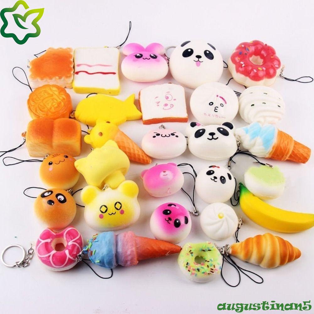AUGUSTINAN Squishes ของเล่น, สายคล้องโทรศัพท์มือถือ Banana Toast ขนมปังนุ่มของเล่น, จําลองพวงกุญแจน่ารัก Mini ขนาดแกล้งเล่นอาหารบีบจี้เค้ก