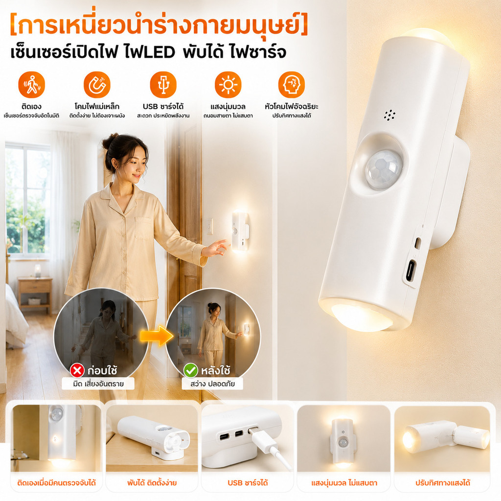 [การเหนี่ยวนำร่างกายมนุษย์] เซ็นเซอร์เปิดไฟ ไฟLED พับได้ ไฟชาร์จ ติดเอง โคมไฟแม่เหล็ก แสงนุ่มนวล หัวโคมไฟอัจฉริยะ