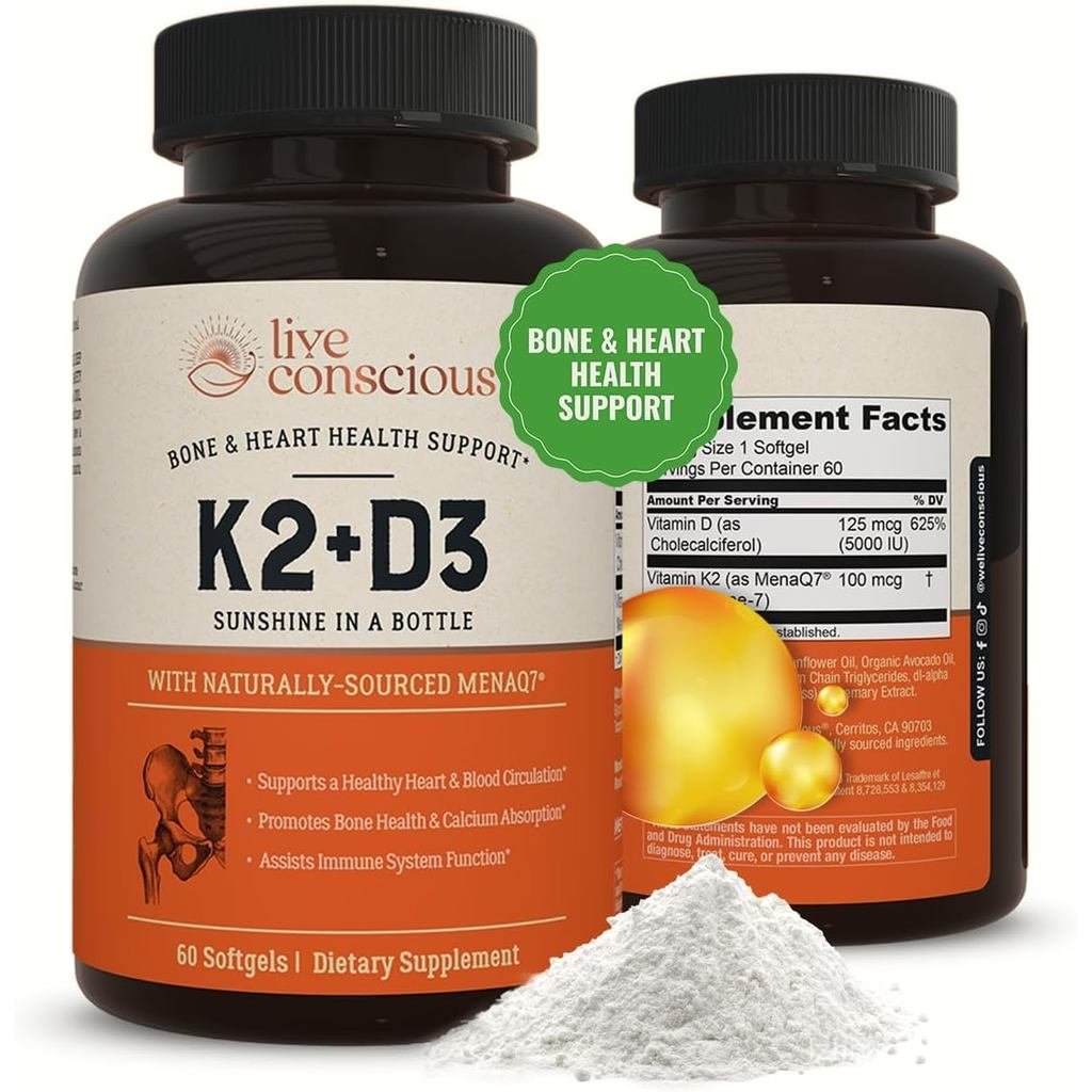 Live Conscious Vitamin K2 MK7 พร้อมอาหารเสริม D3 | & Heart Health Support - วิตามินซีที่จดสิทธิบัตรแ