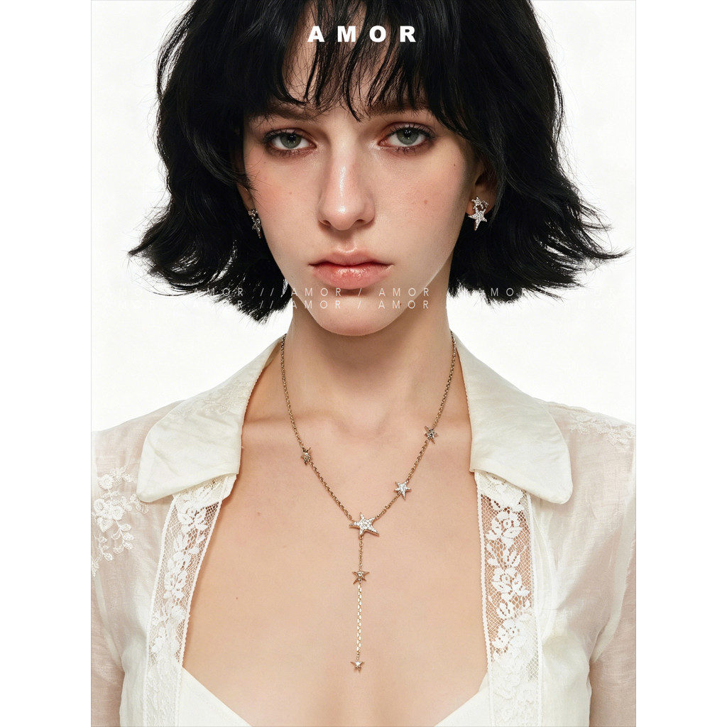 Niche Elegant ผู้หญิงเครื่องประดับคอ, Gold Meteor Star จี้ฝังเพทายเงา, Y-shape Clavicle Chain Design Slim คอ & Flatter Face