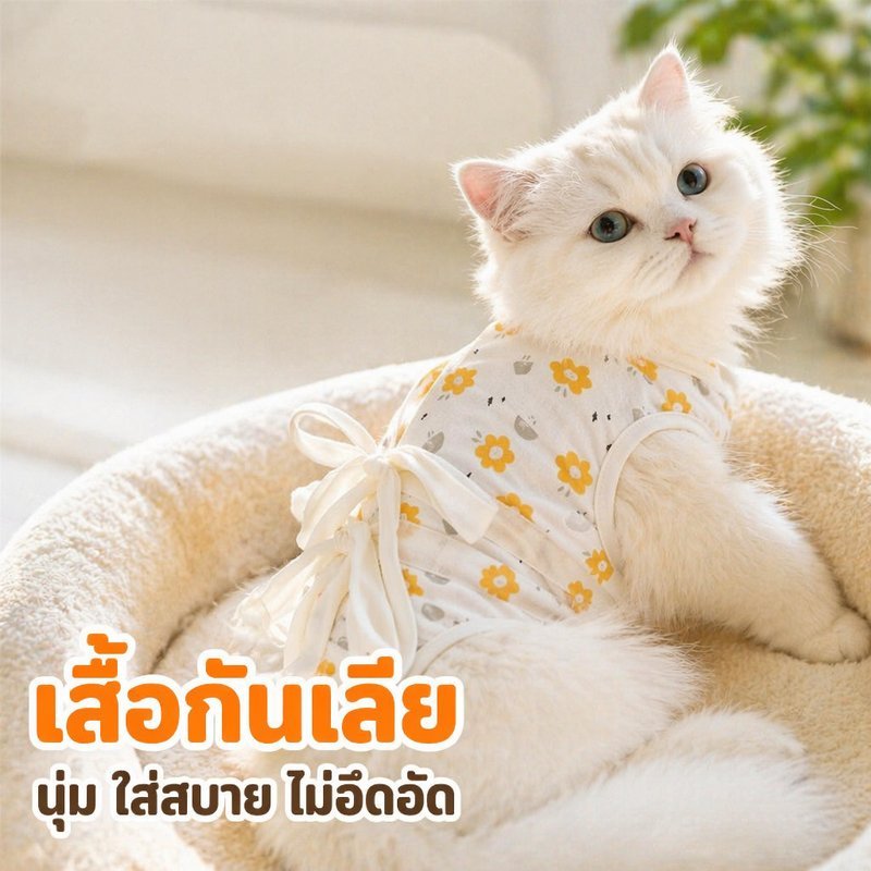 เสื้อกันเลียแมว เสื้อหลังผ่าตัดแมว เสื้อทำหมันแมว ผ้าคอตตอน ระบายอากาศ ตีนตุ๊กแก ใส่ง่าย