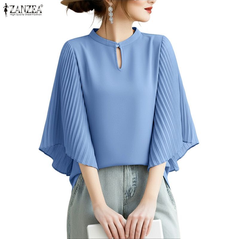 ZANZEA ผู้หญิงวันหยุดเกาหลียืนปก 3/4 แขนจีบ Spliced เสื้อสีทึบ