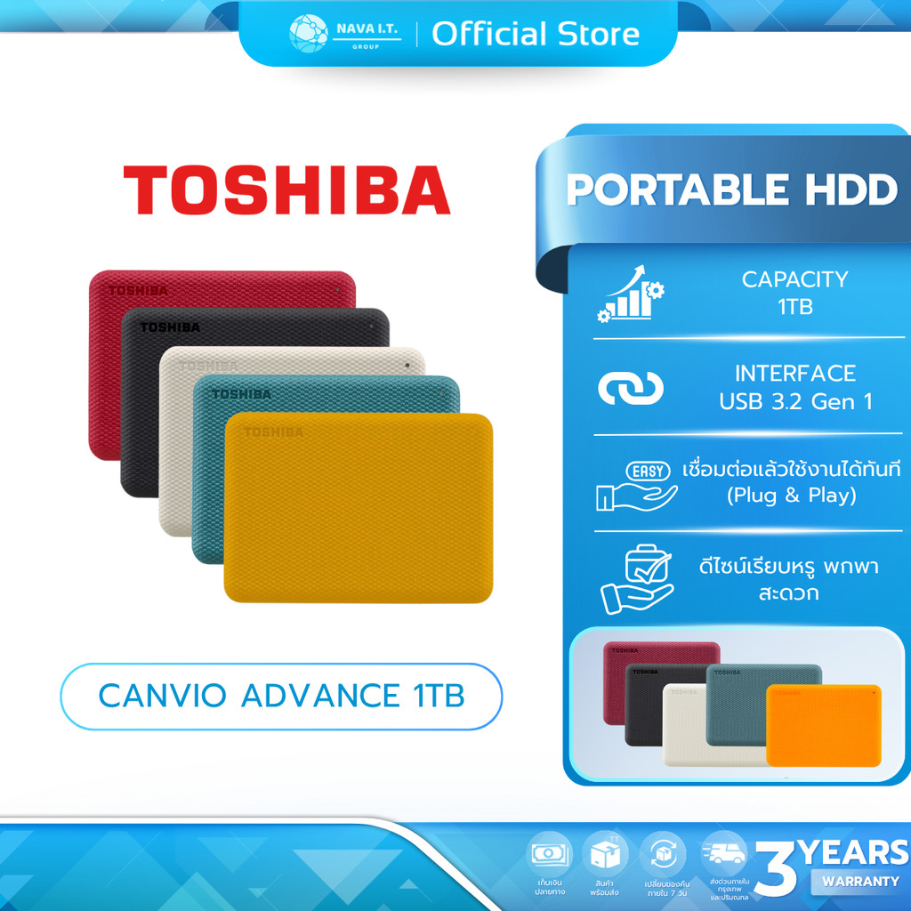 TOSHIBA PORTABLE HDD (ฮาร์ดดิสพกพา) CANVIO ADVANCE 1TB USB 3.2 GEN 1 WARRANTY 3 YEAR