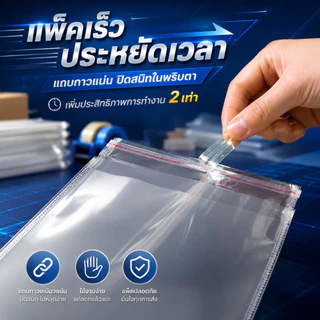 ถุงแก้วฝากาว OPP พลาสติกใส แพ็ค100ใบ รวมขนาด ซองใส่เสื้อผ้า เอกสาร เทปกาวปิดแน่น กันฝุ่น แพ็คสินค้าออนไลน์