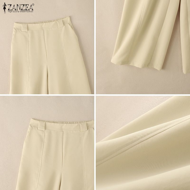 ZANZEA ใส่ ซานเซีย ผู้หญิงเกาหลีที่สง่างามทํางานอย่างเป็นทางการ เฒ่า เอวสูงกับกระเป๋าสีทึบกางเกงสูทขากว้าง — صورة 8