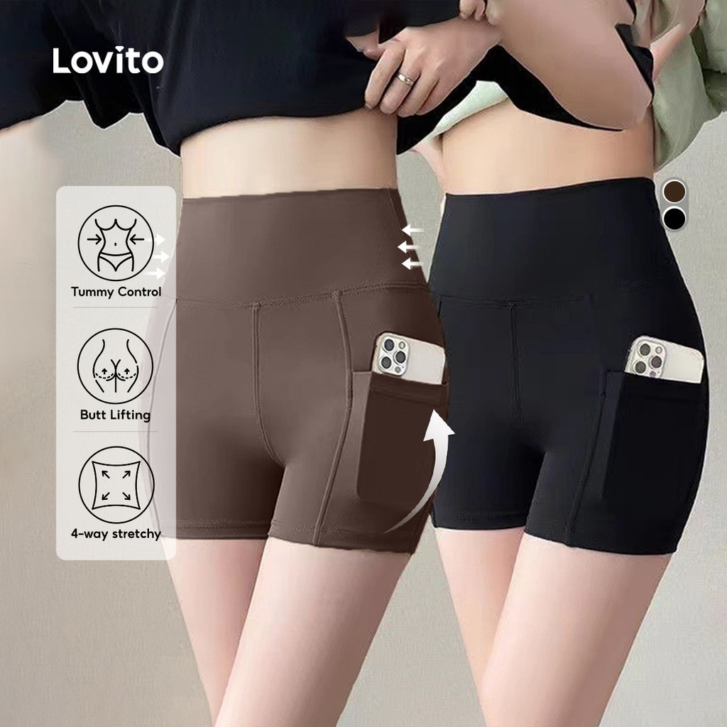 Lovito แคชชวล สินค้าแฟชันกีฬา ช๊อตกีฬา ควบคุมท้อง ยกกระโดด สูงหลัง ยกกระโดด สำหรับการฝึก โยคะ รันริ่ง ขี่จักรยาน โรงยิม LNA124021