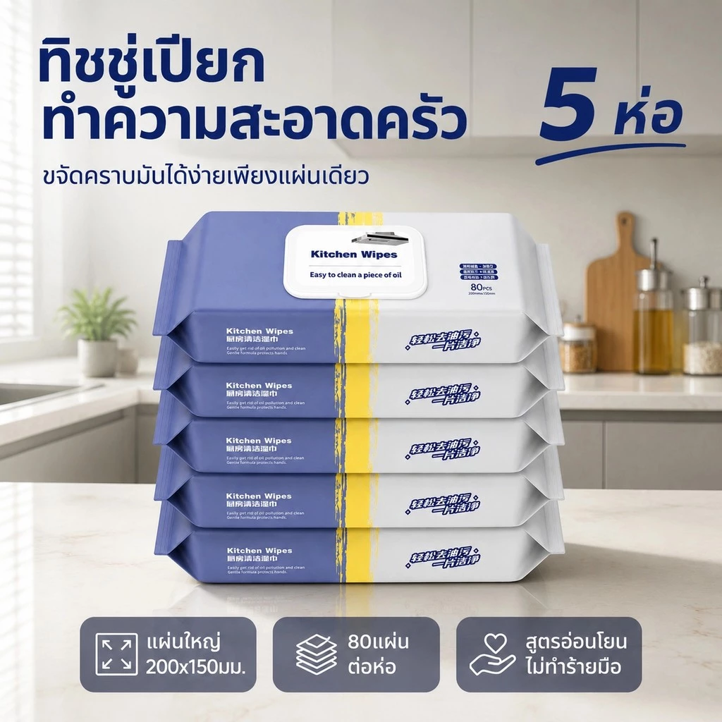 【5 แพ็ค】80 แผ่น แผ่นทำความสะอาดครัว ทิชชู่เปียกทำความสะอาด มีฟองในตัว กลิ่นเลมอน ผ้าทำความสะอาดทั่วไป