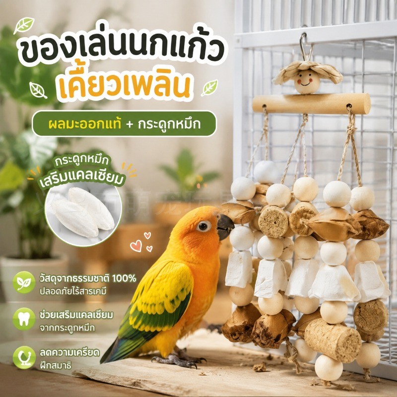 ของเล่นนก โมบายกระดองหมึก เสริมแคลเซียม ของเล่นแขวนกรงนกแก้ว ของเล่นขัดฟันนก สามารถแขวนกับกรงได้