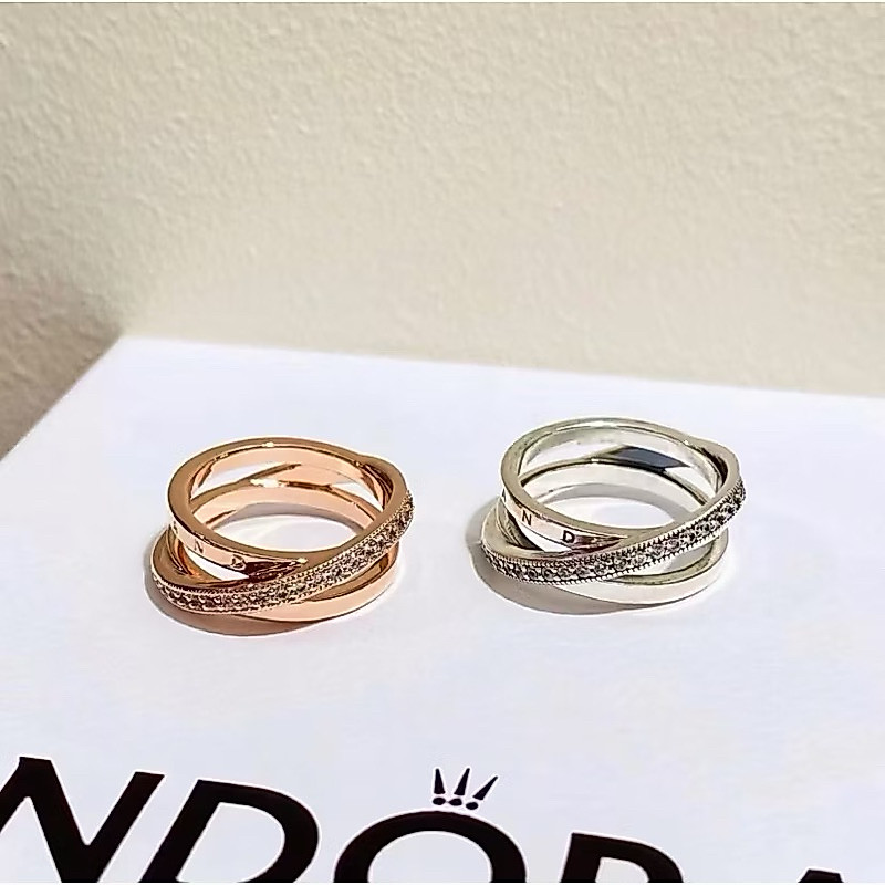 [ส่งจากกรุงเทพ]เงิน925 14k แหวนเพชร แหวนแฟชั่น Pavé Interlacing Three-Ring เครื่องประดับแฟชั่น ของแท้ 100%