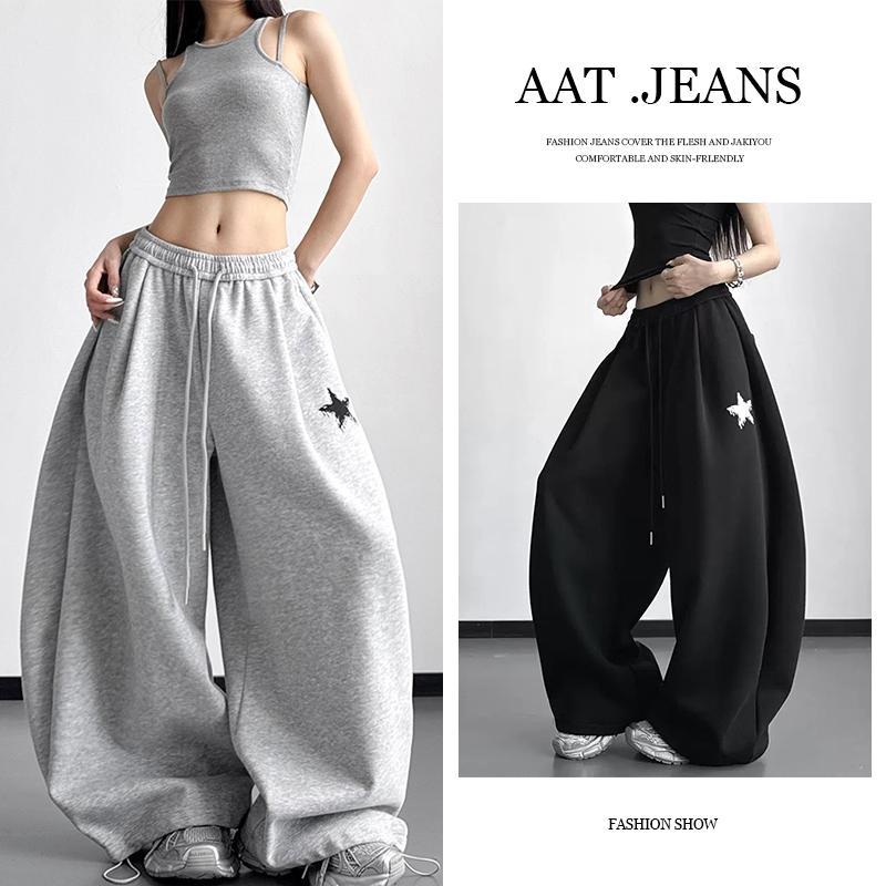 [Hip-hop print]  (ผ้าบาง สำหรับหน้าร้อน)กางเกงลำลอง สไตล์อเมริกันผู้หญิงกีฬาตัวอักษรวินเทจพิมพ์แจ๊สฮอร์