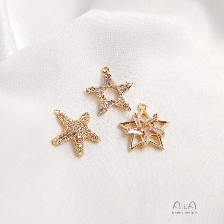 สีระบุ 14K Gold ฝังเพทาย Five-pointed Star Hexagram ปลาดาวจี้ diy สร้อยคอ Clavicle Chain ต่างหูจี้ H