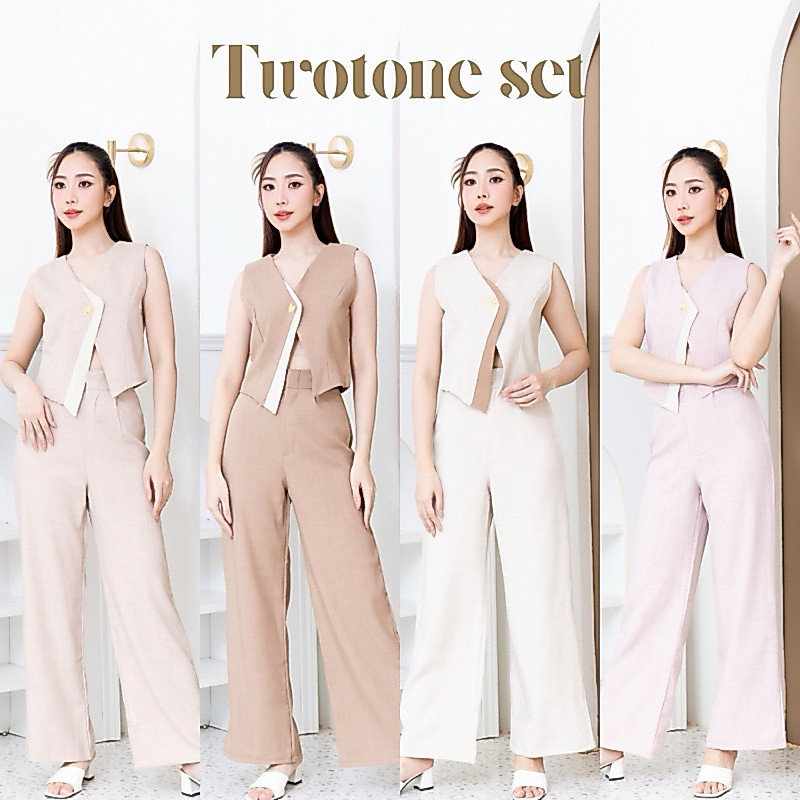 TWOTONE SET - SHP_HAAPPY ชุดเซตเสื้อแขนกุดแต่งสองสี กางเกงขายาวตะขอหน้า 🧸✨