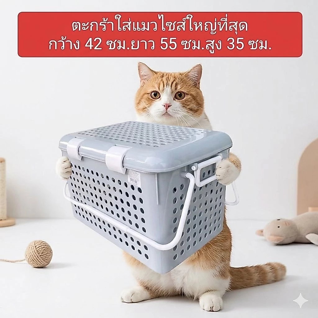 ตะกร้าใส่แมวสไซส์ใหญ่ที่สุด XXL ,ตะกร้าเตรียมคลอดขนาด 42x55x35 ซม (วัดภายนอกรวมฝาและด้ามจับ)