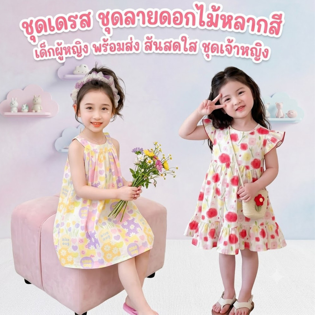 sunny_bunny ชุดเดรส ชุดลายดอกไม้หลากสี เด็กผู้หญิง พร้อมส่ง สันสดใส ชุดเจ้าหญิง สไตล์น่ารักๆ ผ้าใส่สบาย
