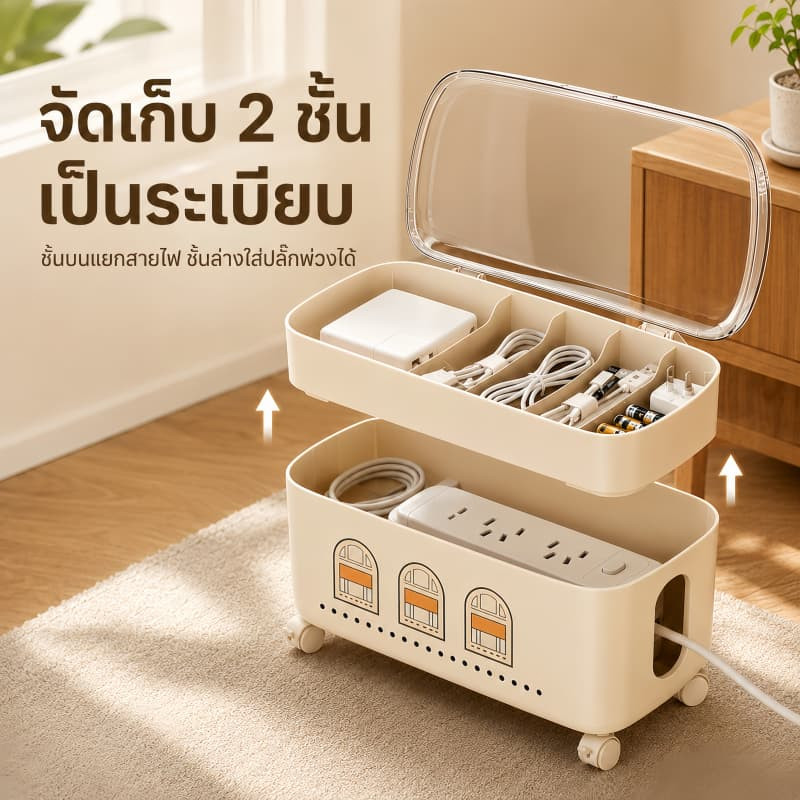 กล่องเก็บสายไฟ กล่องเก็บปลั๊กไฟ กันฝุ่น จัดสายไฟไม่รก แยกช่อง มีรูระบายอากาศ รุ่น 1 ชั้น / 2 ชั้นมีล้อ ใช้บนโต๊ะทำงาน