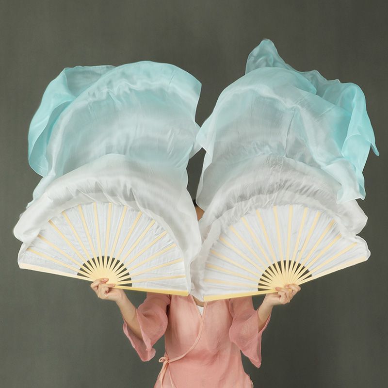 พัดลมผ้าไหมยาว Mint สีเขียวพัดลมเต้นรําไล่ระดับสีเต้นรําคลาสสิกจําลองผ้าไหมพัดลมฝึกประสิทธิภาพ Guyu 