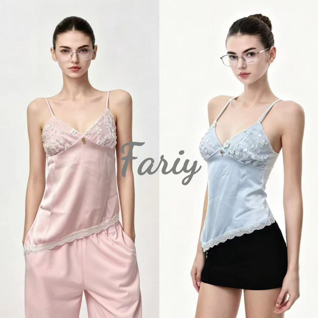 Fariy🍒คลังสินค้าพร้อม🍒 เสื้อสายเดี่ยวผู้หญิงฤดูร้อนรุ่นใหม่ ลูกปัดและลูกไม้ คอวี เข้ารูป สายสะพายผ้าซาติน