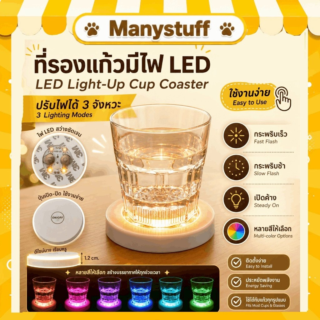 ( พร้อมส่งจากไทย ) แผ่นรองแก้วเครื่องดื่ม LED ที่รองแก้ว ไฟ ปาร์ตี้ กดเปิดปิดได้ ไฟสว่าง สีสวยมาก 🪅🪩 (C10)