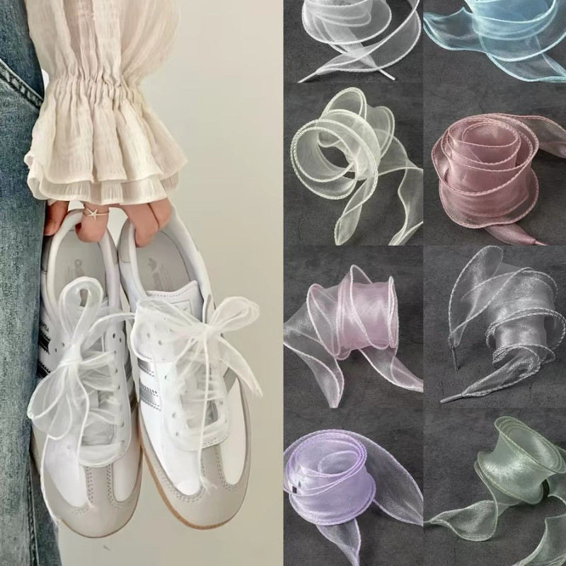 4 ซม.Ruffled Wavy Edge Tulle ซาติน Shoelaces Sheer Organza ริบบิ้นสําหรับรองเท้าผ้าใบผ้าใบลําลอง 1 คู่