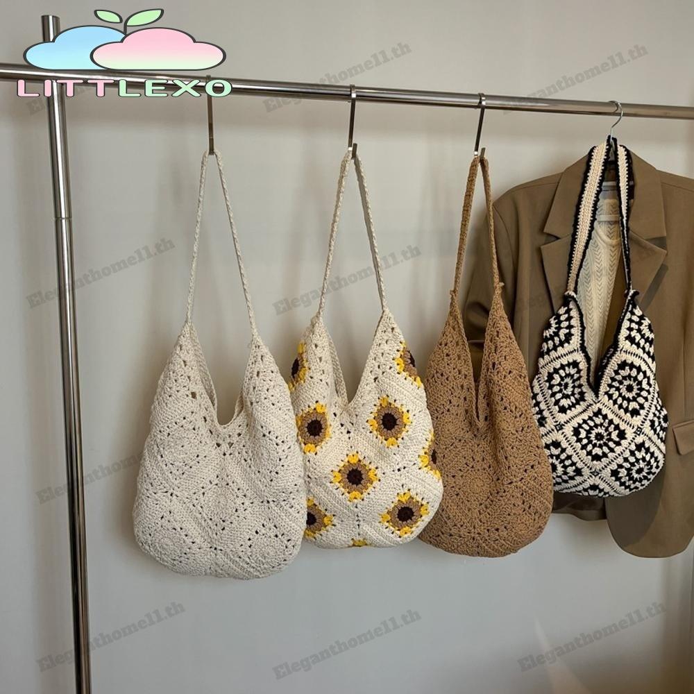 LITTLEX โครเชต์ Tote Bag, Hollowed Out Design Vintage Look กระเป๋าสะพายทอ, มือโครเชต์สไตล์ศิลปะ Bohemian รูปแบบ Hollow ดอกไม้กระเป๋ากระเป๋าเก็บ