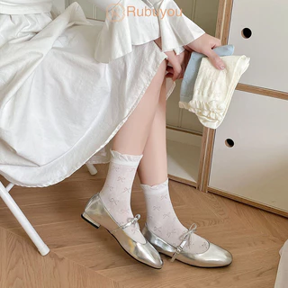 Rubuyou ถุงเท้าผู้หญิง JK สไตล์ญี่ปุ่น ถุงเท้าโบว์ สีทึบ ผ้าถัก บางระบายอากาศ ใส่สบาย หวาน สไตล์บัลเล่ต์-COD💖