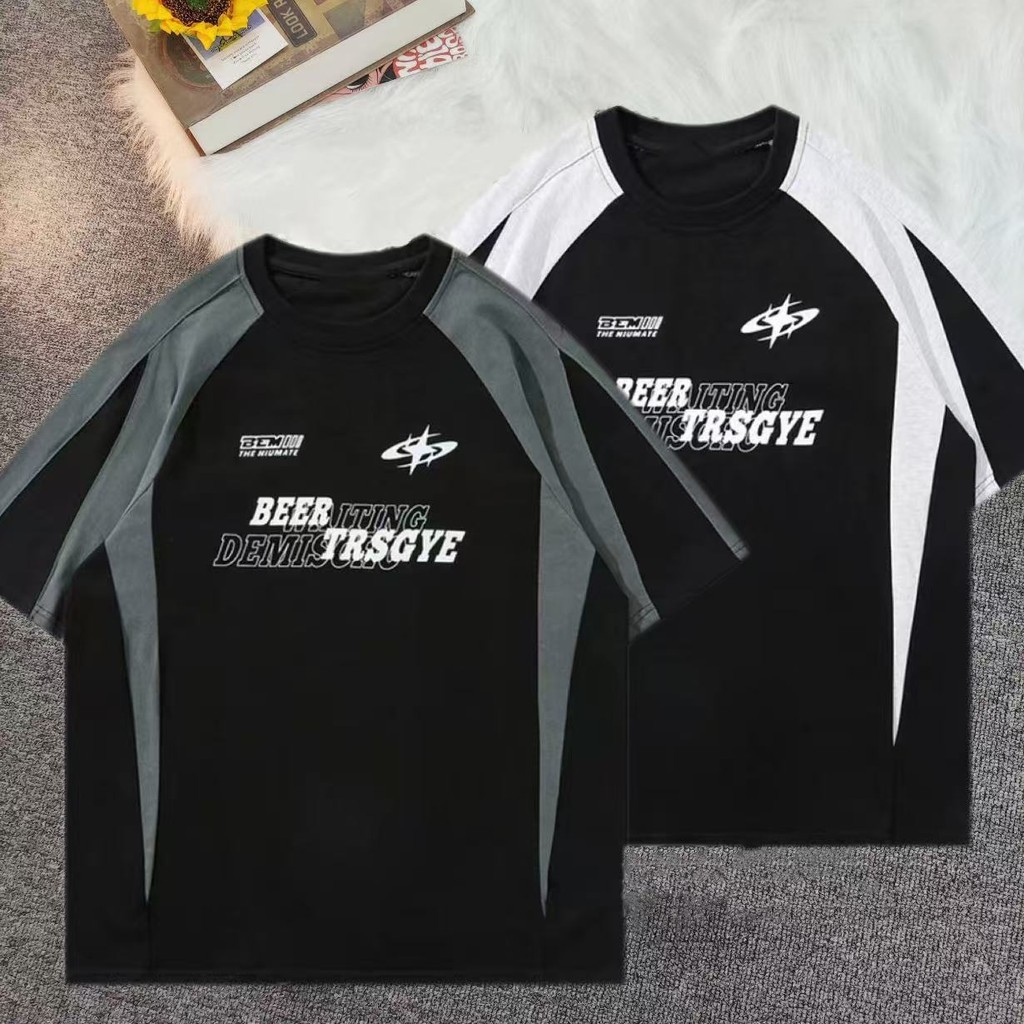 BECoolMan เสื้อยืดผู้ชาย สไตล์อเมริกัน วินเทจ ลมกีฬา หลวม ร้อยชุด