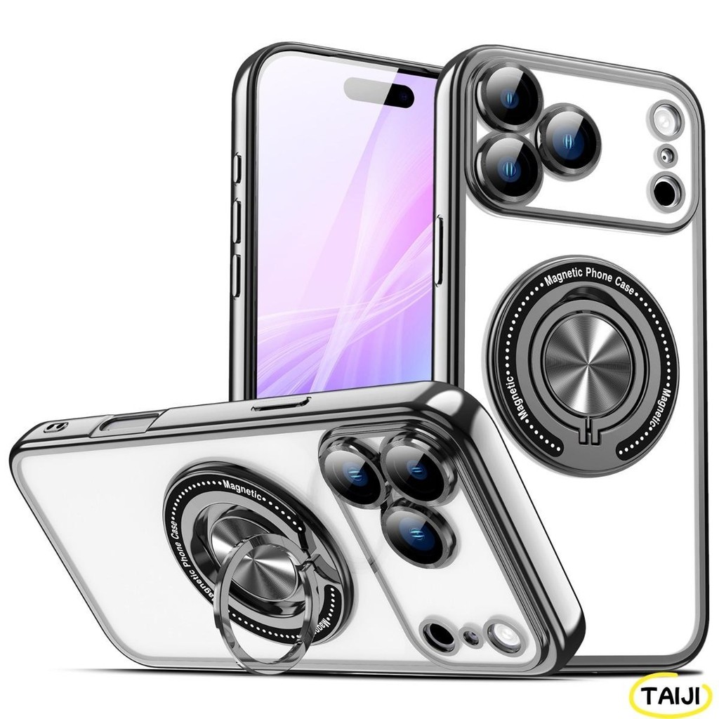 TAIJI หรูหราแม่เหล็กใส Stent เข้ากันได้สําหรับ iPhone 16 15 14 13 12 11 Pro Max Plus กันกระแทกกรณีกลับปลอก