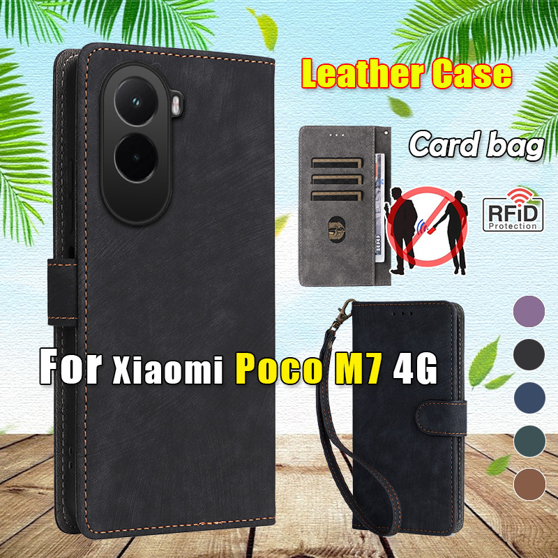 Flip หนังช่องใส่การ์ดสําหรับ Xiaomi Poco M7 PocoM7 4G Lanyard เคสโทรศัพท์กันกระแทกป้องกันกรณีกระเป๋าสตางค์วงเล็บปลอกปกหลัง