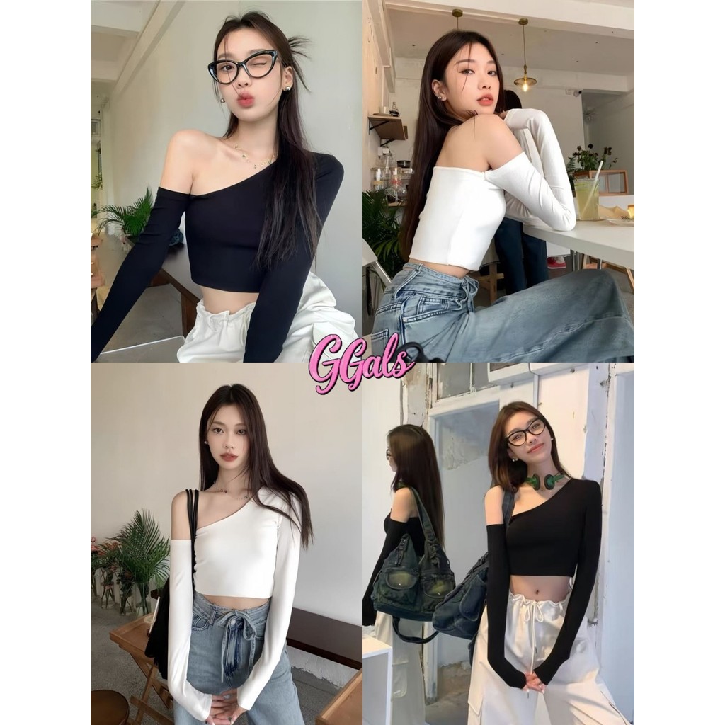 🌷GGals🌷แขนยาว เสื้อยืด สีพื้น การทำตัวให้ผอม สไตล์เปิดไหล่ ไหล่ลาดเอียง เสื้อครอป เซ็กซี่ รัดรูป ใส่สบาย