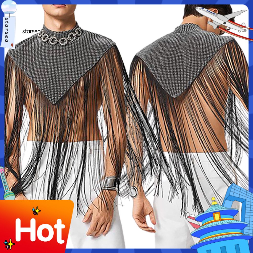 SRA ZK ผู้ชาย Club Cape พู่ยาวแขนกุด คอจำลองแวววาว เครื่องแต่งกายบนเวที ออกแบบเป็นรูปสามเหลี่ยมผิดทา