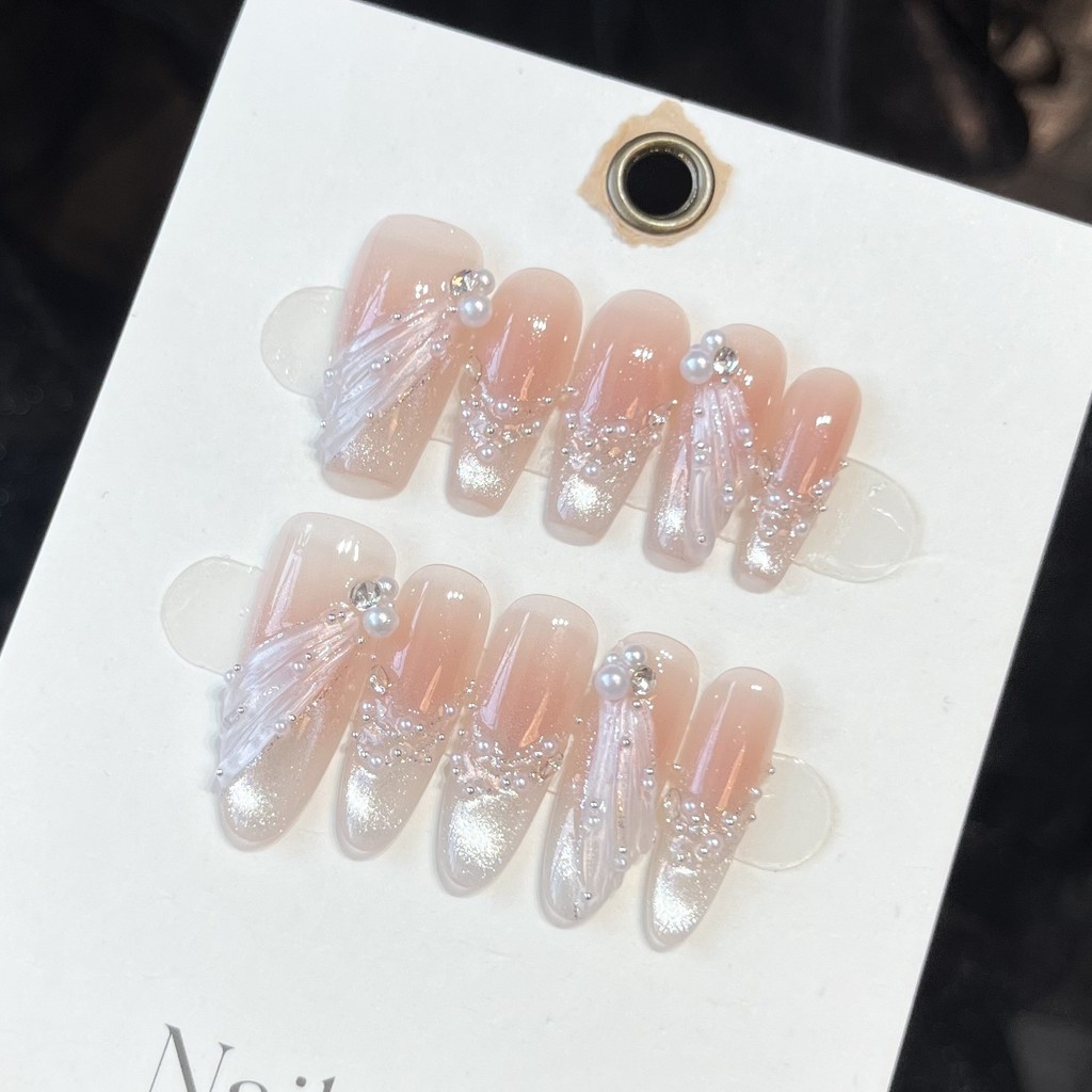 HANDMADE + กาวฟรีArtificial Nail White Moon Yarn Cat eye Pure White Wedding Nail Phototherapy แผ่นแปะเล็บปลอมกดบนเล็บนํากลับมาใช้ใหม่ได้