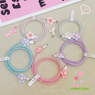 【NK】ตัวป้องกันสายชาร์จ ชุดเคสป้องกันสายชาร์จ เคสป้องกันสายข้อมูลลายดอกไม้ เคสป้องกันแบบสร้างสรรค์ ตัวป้องกันสายเคเบิล