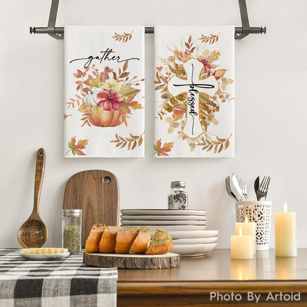 โหมด Artoid Maple ใบฟักทองฤดูใบไม้ร่วงผ้าเช็ดตัวห้องครัวจานผ้าเช็ดตัว, 18x26 นิ้ว Cross Blessed วันข